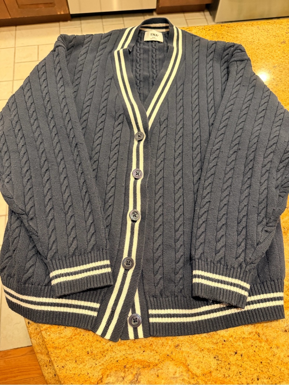 Aritzia Navy Cardigan with Cream Trim
